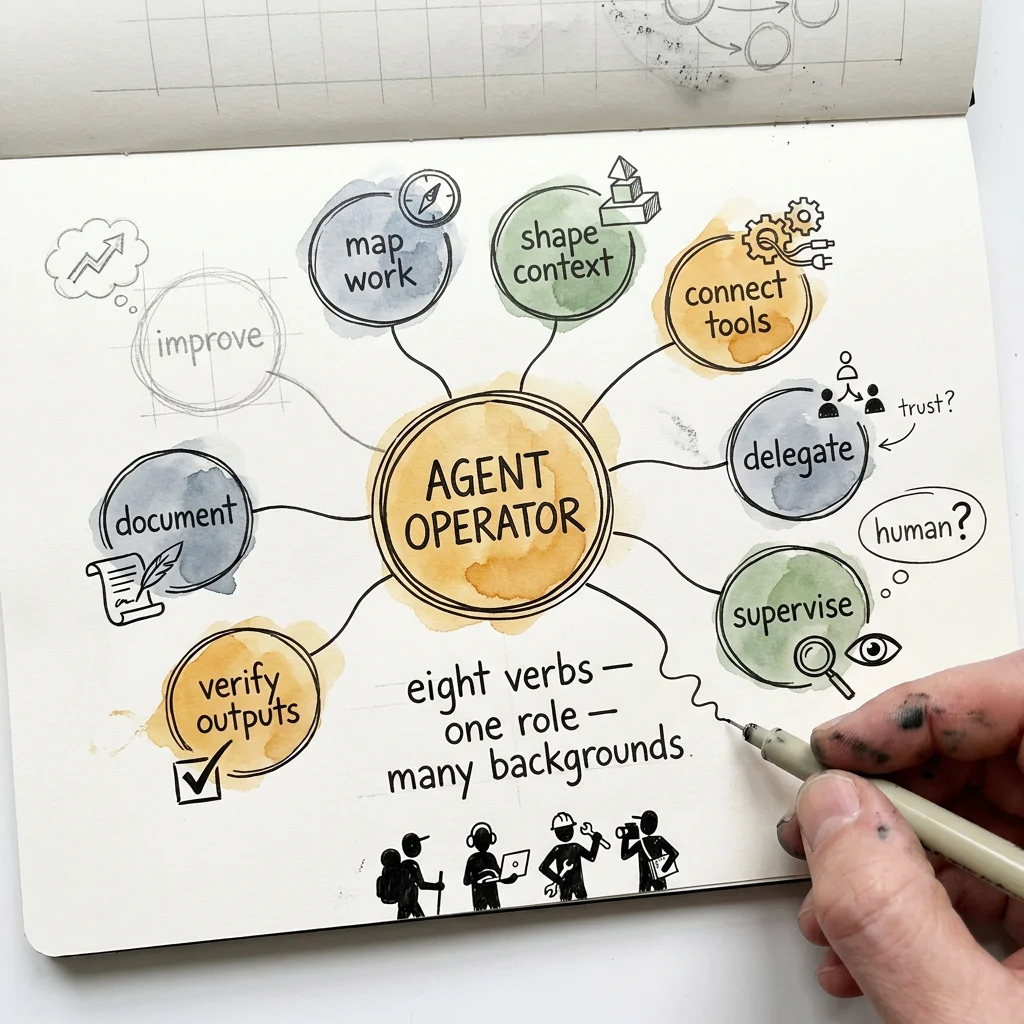 An Agent Operator notebook diagram — eight verbs around the role, with many backgrounds